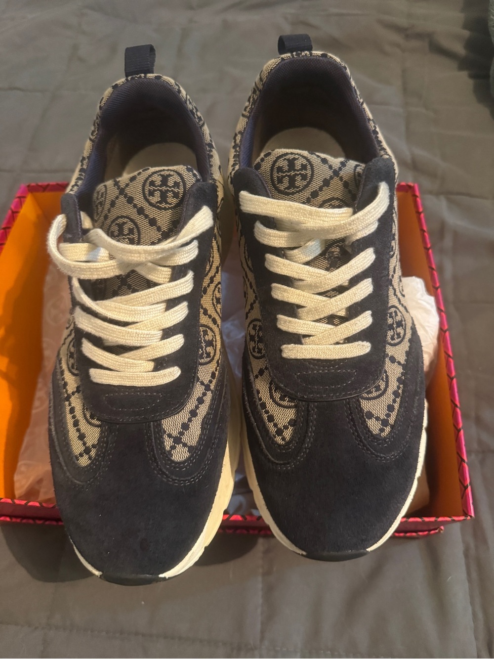 Tory Burch Navy Suede & Beige Logo-Print Low-Top Sneakers